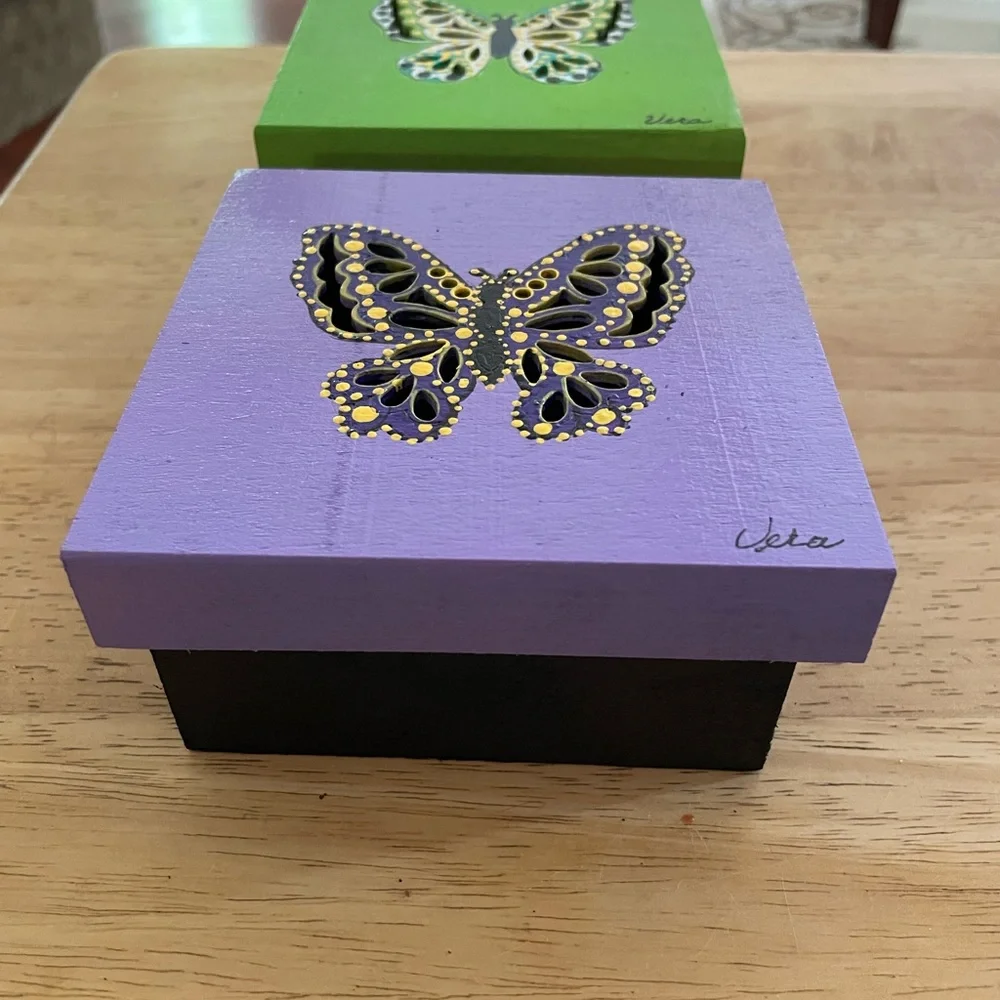 Handcrafted painted Wooden Boxes butterflies Set of 2 dotted purple green black